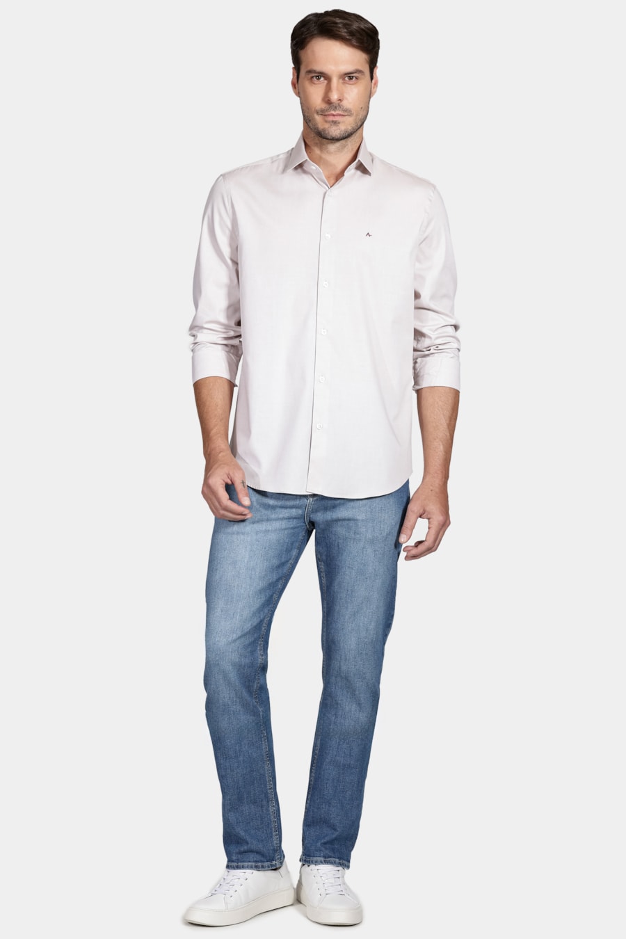 Camisa Manga Longa Regular Tricoline Pinpoint Bege — foto 2 de 6