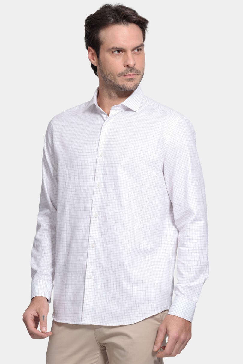Camisa Manga Longa Regular Tricoline Xadrez Branco C/Areia