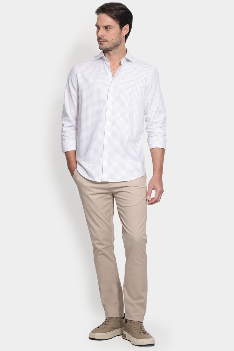 Camisa Manga Longa Regular Tricoline Xadrez Branco C/Areia
