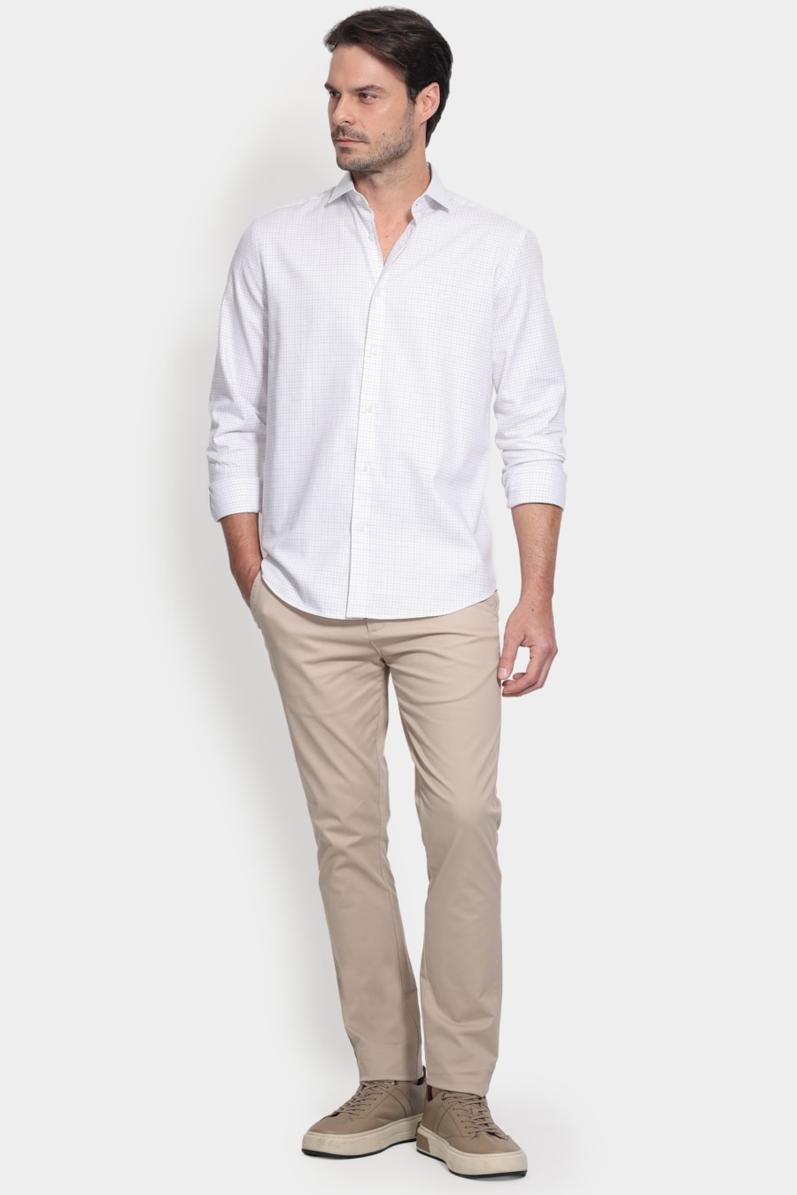 Camisa Manga Longa Regular Tricoline Xadrez Branco C/Areia — foto 2 de 6