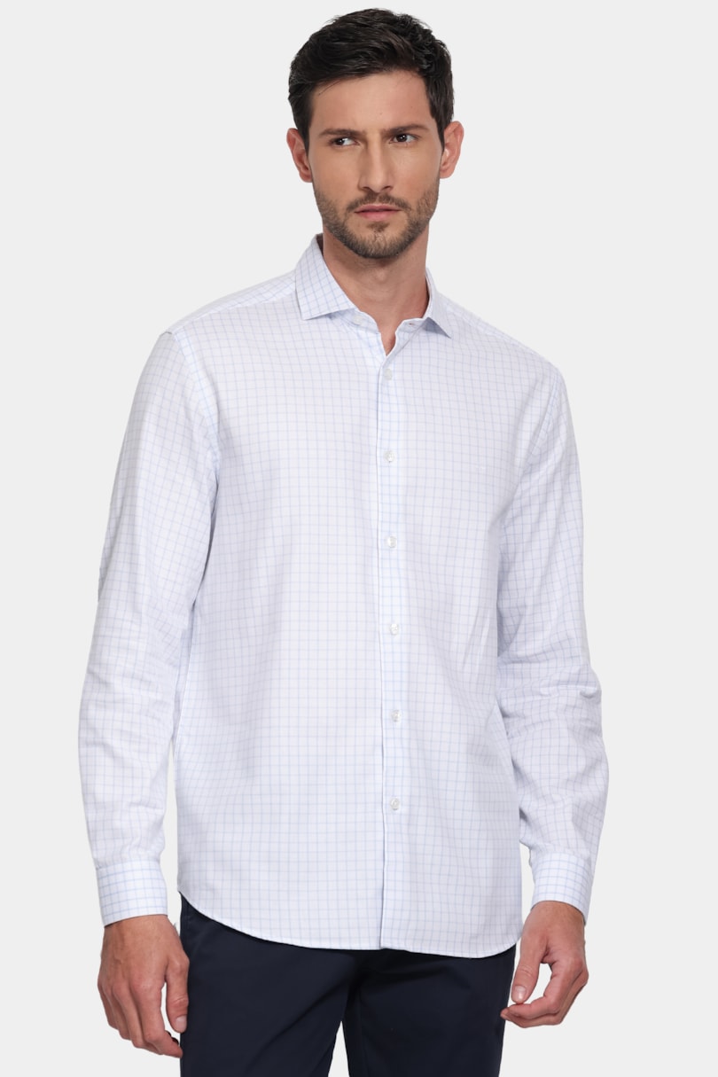 Camisa Manga Longa Regular Tricoline Xadrez Branco C/Azul Claro