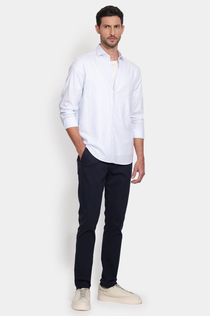 Camisa Manga Longa Regular Tricoline Xadrez Branco C/Azul Claro