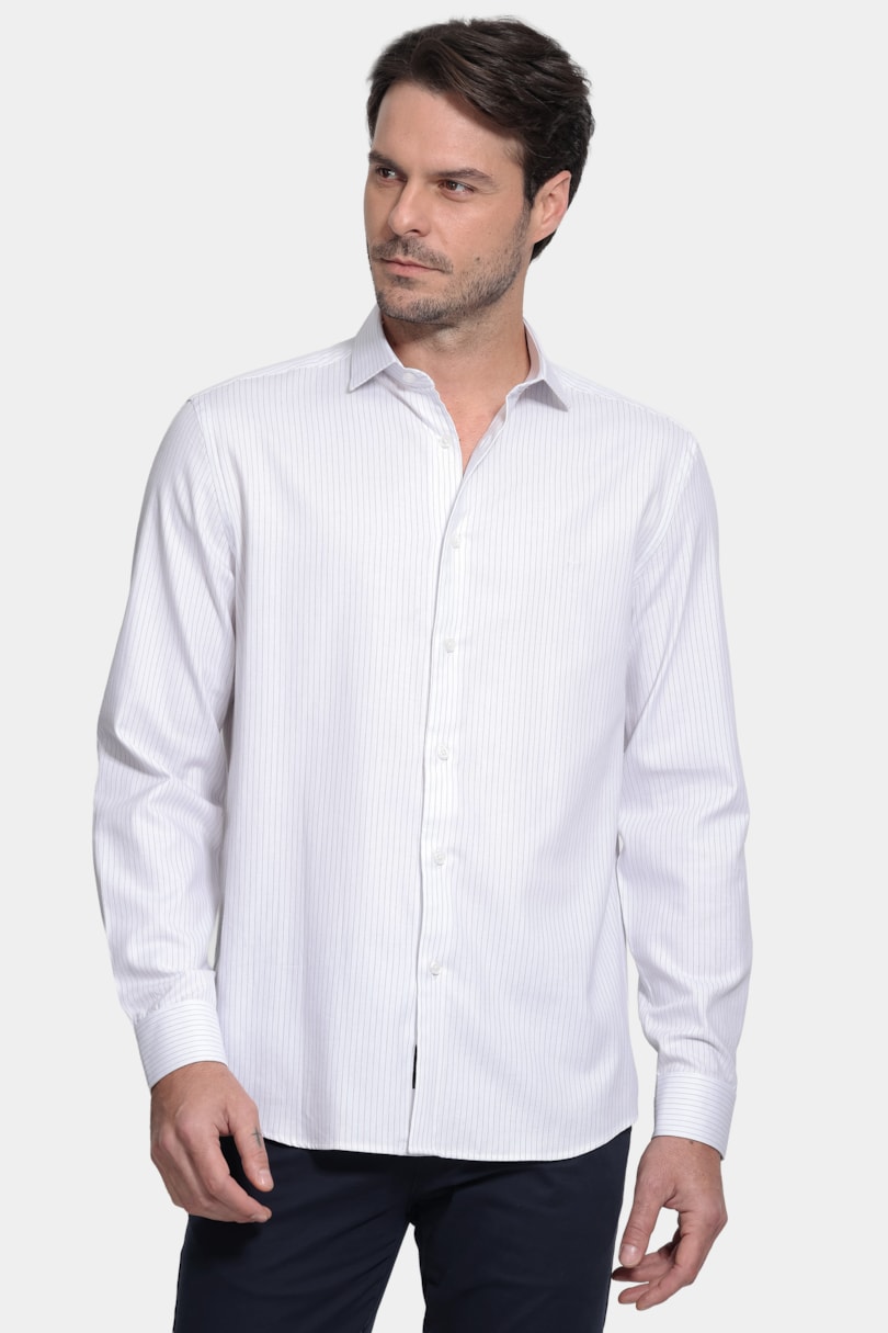 Camisa Manga Longa Regular Tricoline Xadrez Branco C/Vermelho