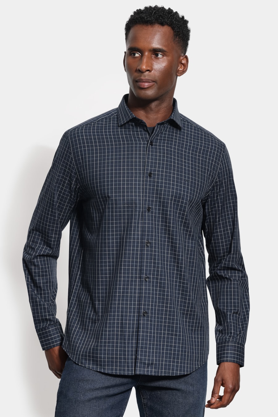 Camisa Manga Longa Regular Tricoline Xadrez Marinho C/Cinza — foto 1 de 6