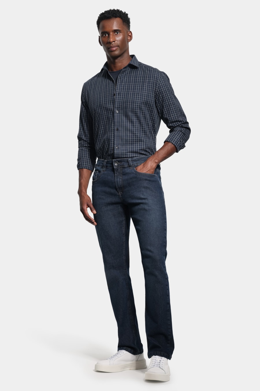 Camisa Manga Longa Regular Tricoline Xadrez Marinho C/Cinza — foto 2 de 6