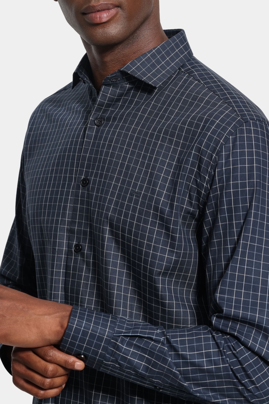 Camisa Manga Longa Regular Tricoline Xadrez Marinho C/Cinza — foto 3 de 6