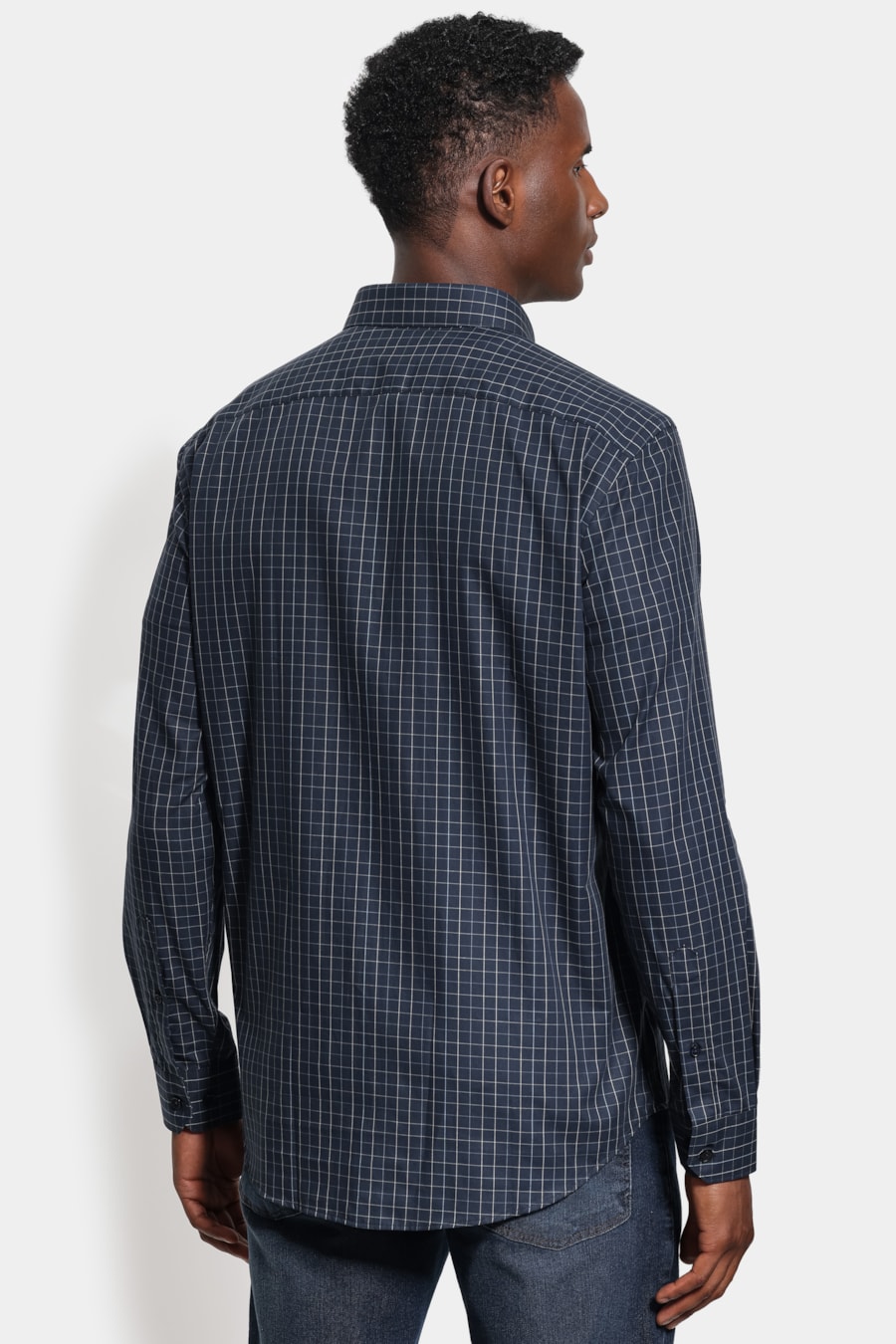 Camisa Manga Longa Regular Tricoline Xadrez Marinho C/Cinza — foto 4 de 6