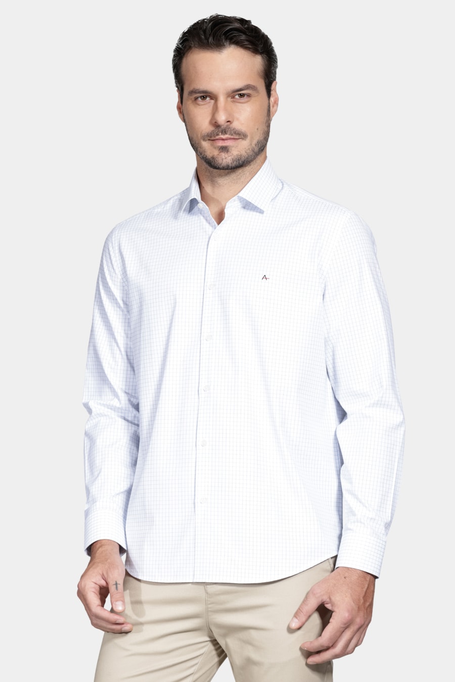 Camisa Manga Longa Regular Tricoline Xadrez Misto Branco C/Azul Claro — foto 1 de 6