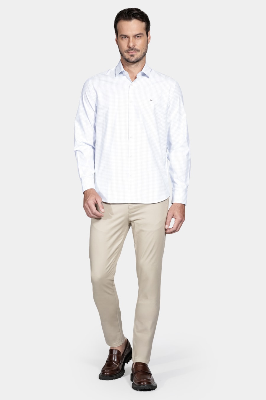 Camisa Manga Longa Regular Tricoline Xadrez Misto Branco C/Azul Claro — foto 2 de 6