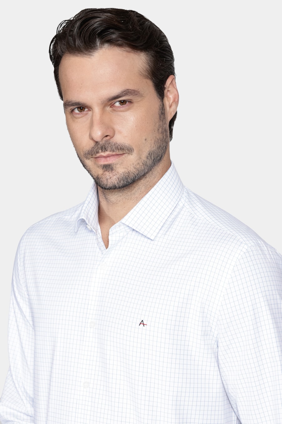Camisa Manga Longa Regular Tricoline Xadrez Misto Branco C/Azul Claro — foto 3 de 6