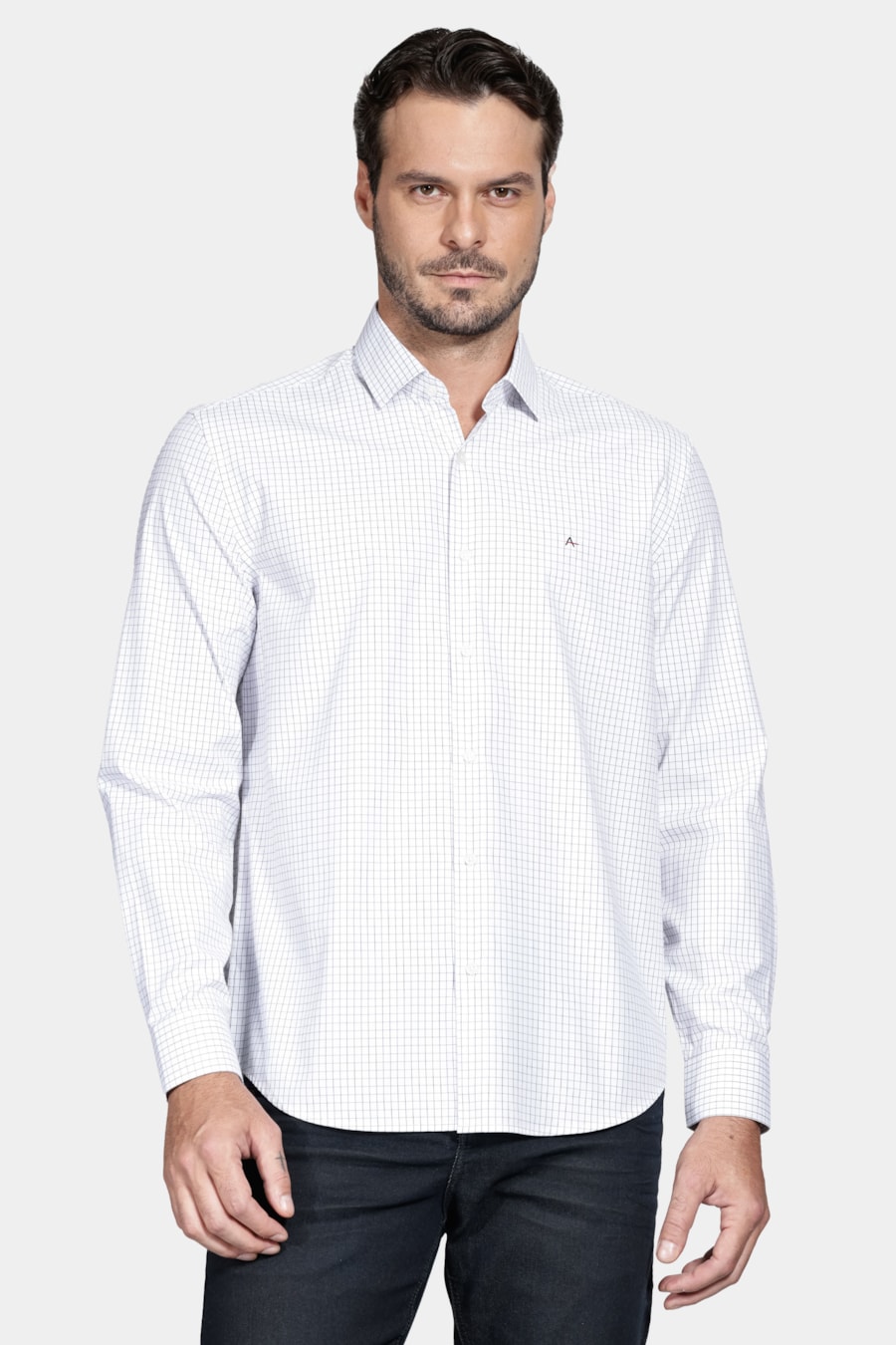 Camisa Manga Longa Regular Tricoline Xadrez Misto Branco C/ Preto — foto 1 de 6