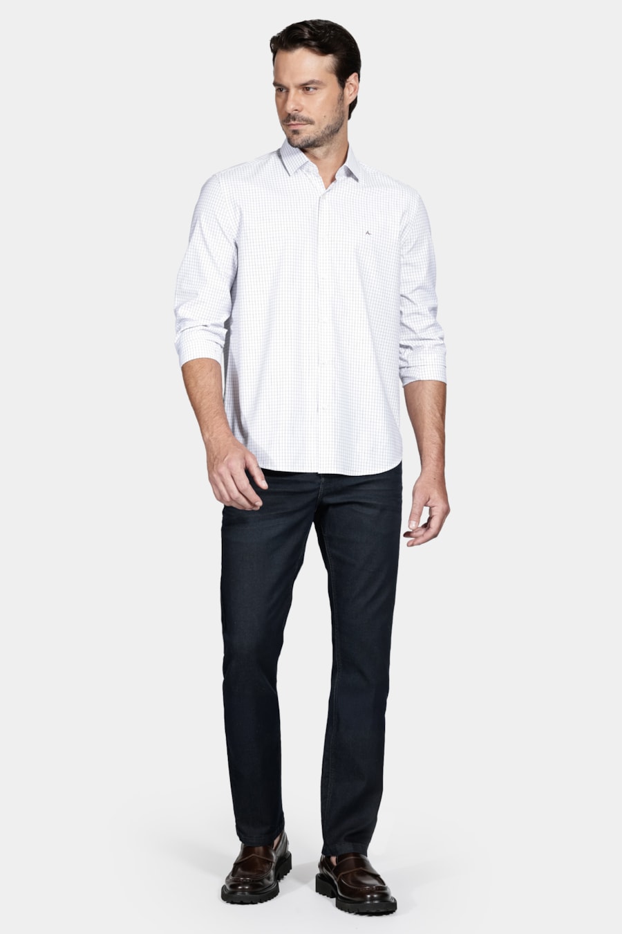 Camisa Manga Longa Regular Tricoline Xadrez Misto Branco C/ Preto — foto 2 de 6