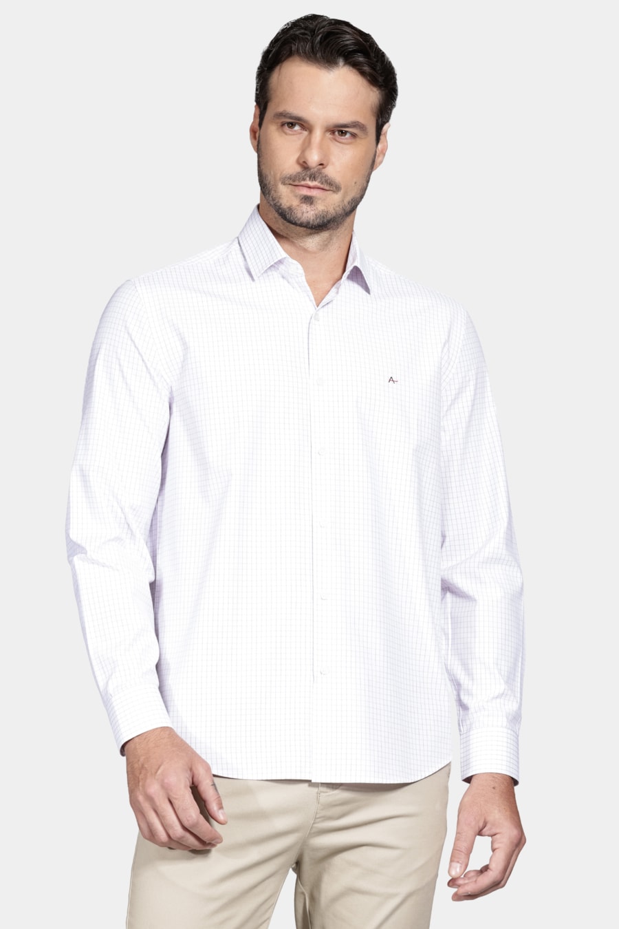 Camisa Manga Longa Regular Tricoline Xadrez Misto Branco C/Rosa — foto 1 de 7