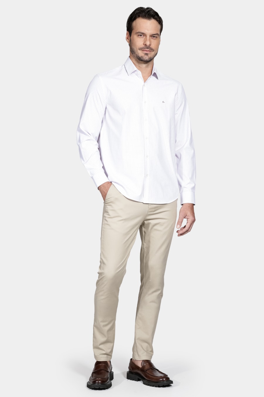 Camisa Manga Longa Regular Tricoline Xadrez Misto Branco C/Rosa — foto 2 de 7