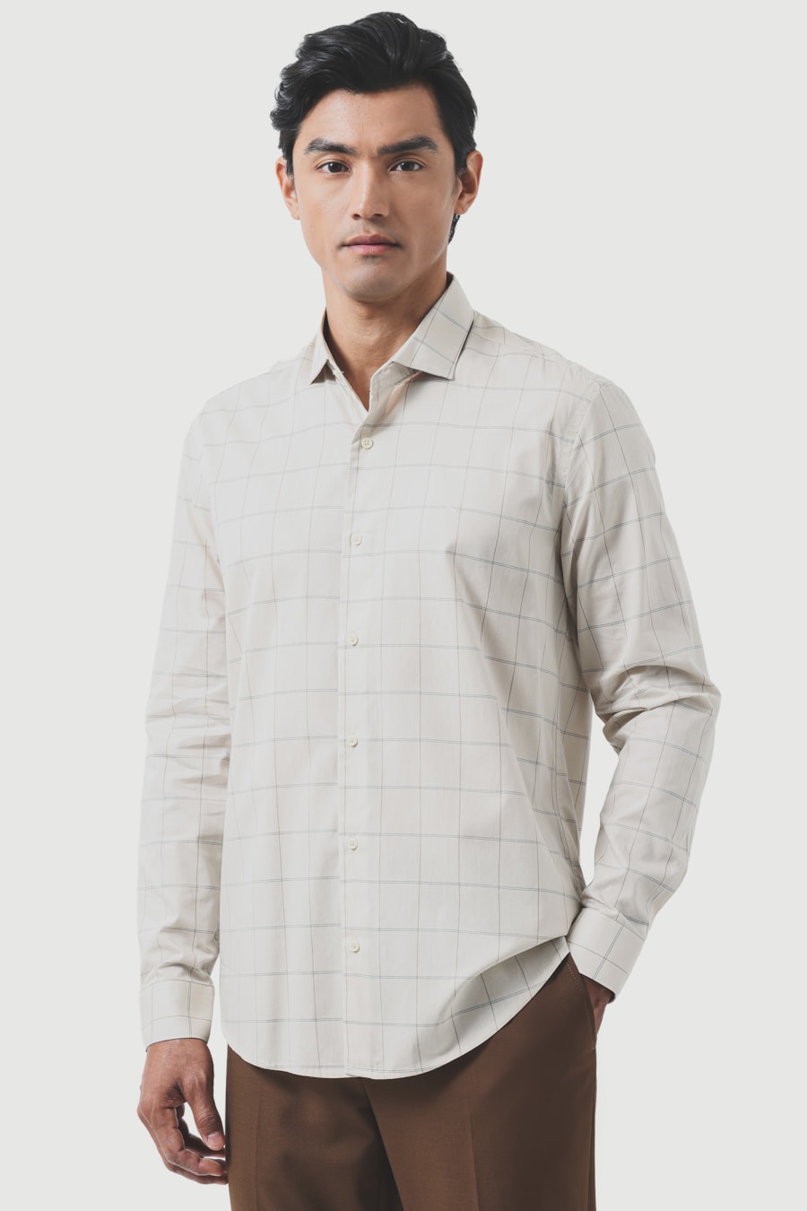 Camisa Manga Longa Regular Xadrez Areia C/ Caqui — foto 1 de 6