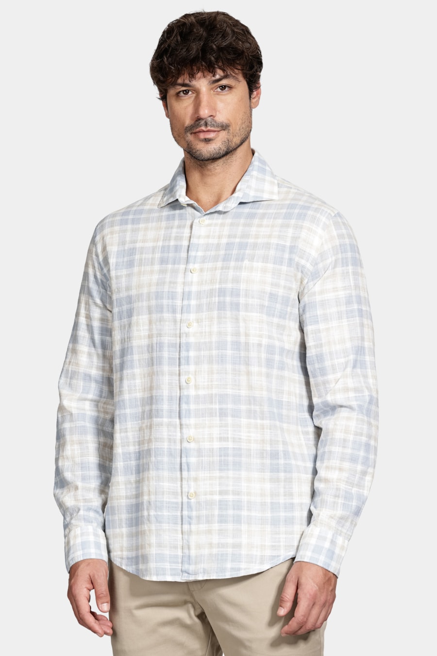 Camisa Manga Longa Regular Xadrez Branco C/Cinza — foto 1 de 6