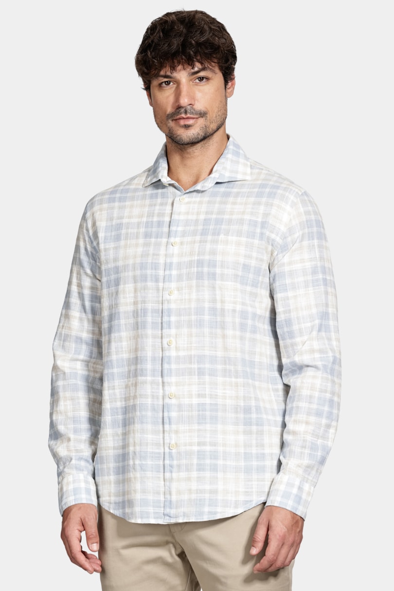 Camisa Manga Longa Regular Xadrez Branco C/Cinza