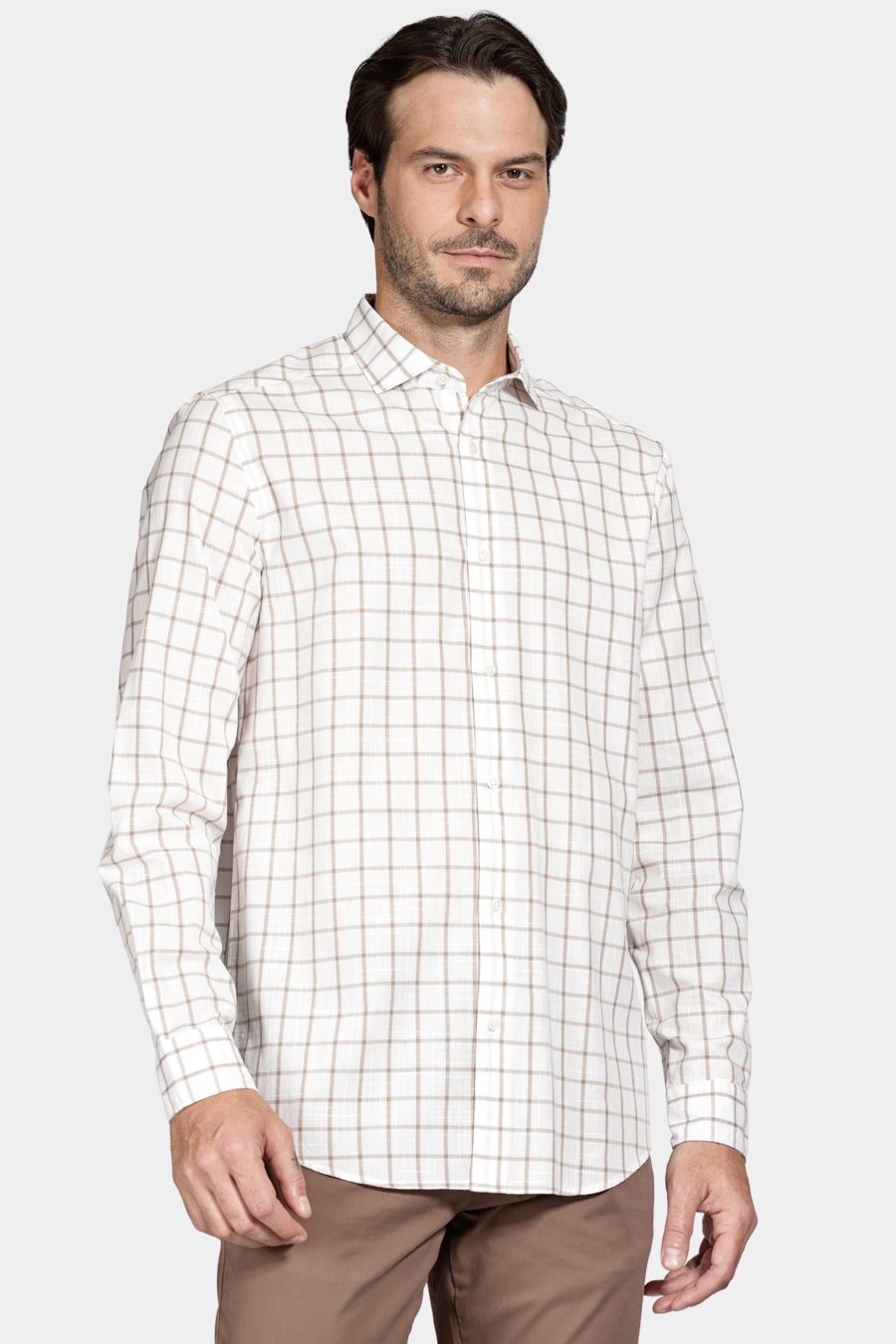 Camisa Manga Longa Regular Xadrez Flamê Branco C/Caqui — foto 1 de 6