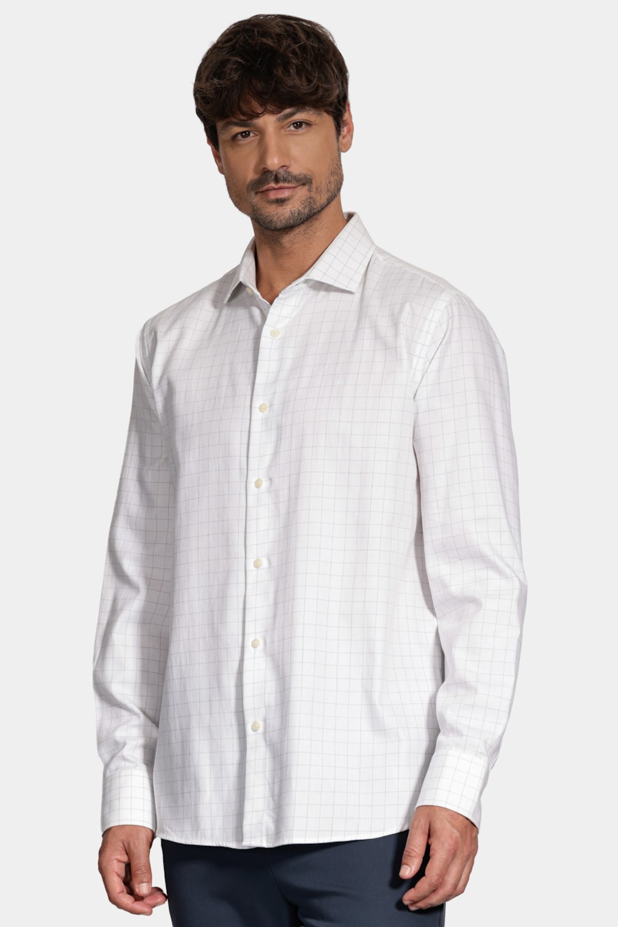 Camisa Manga Longa Regular Xadrez Linhas Branco C/Azul — foto 1 de 6