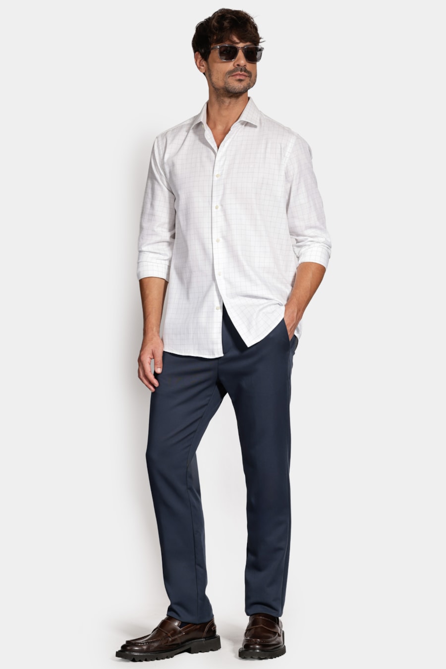Camisa Manga Longa Regular Xadrez Linhas Branco C/Azul — foto 2 de 6