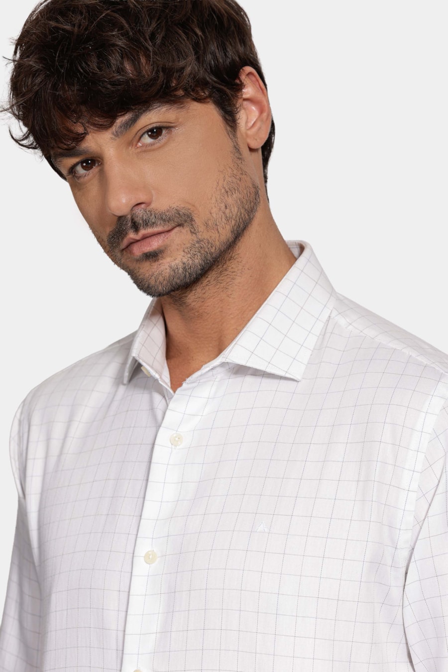 Camisa Manga Longa Regular Xadrez Linhas Branco C/Azul — foto 3 de 6