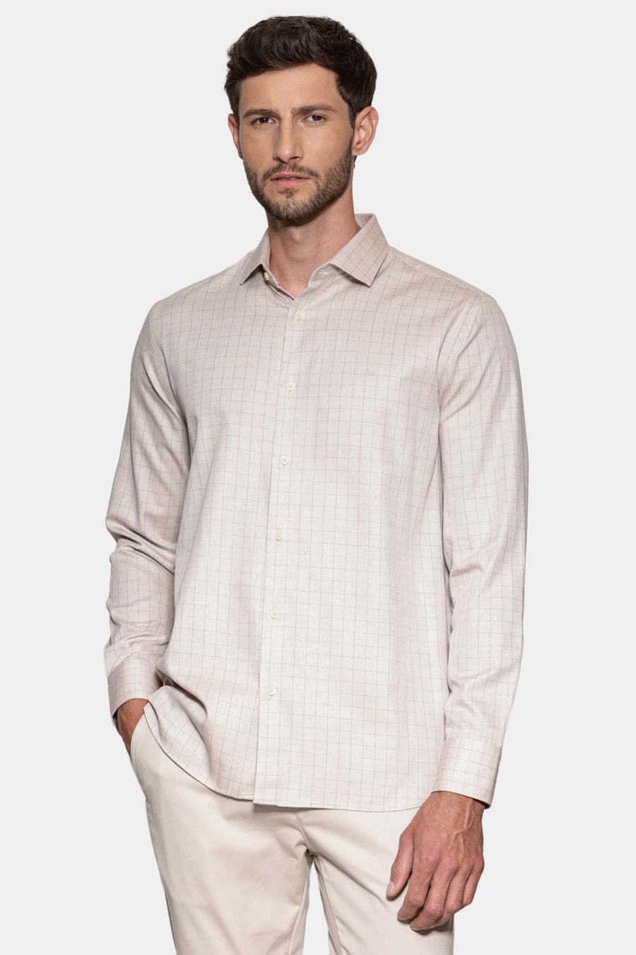 Camisa Manga Longa Regular Xadrez Linhas Caqui C/ Fendi — foto 1 de 6