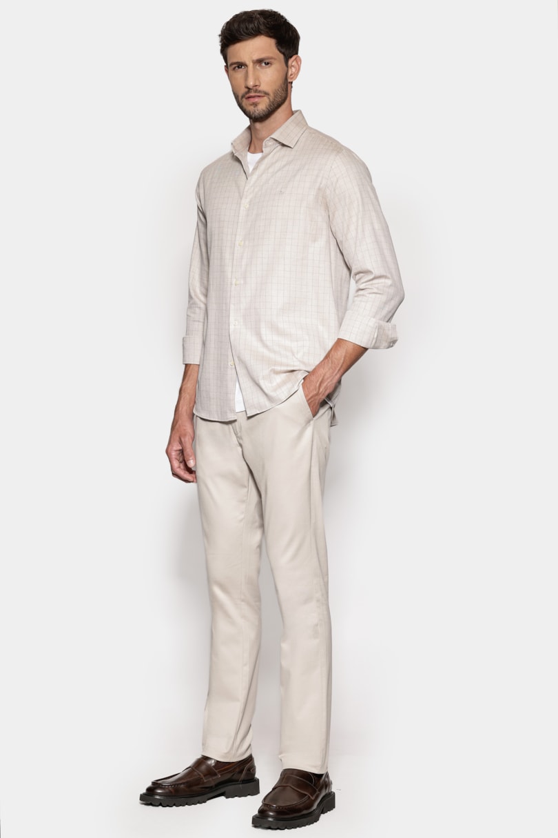 Camisa Manga Longa Regular Xadrez Linhas Caqui C/ Fendi