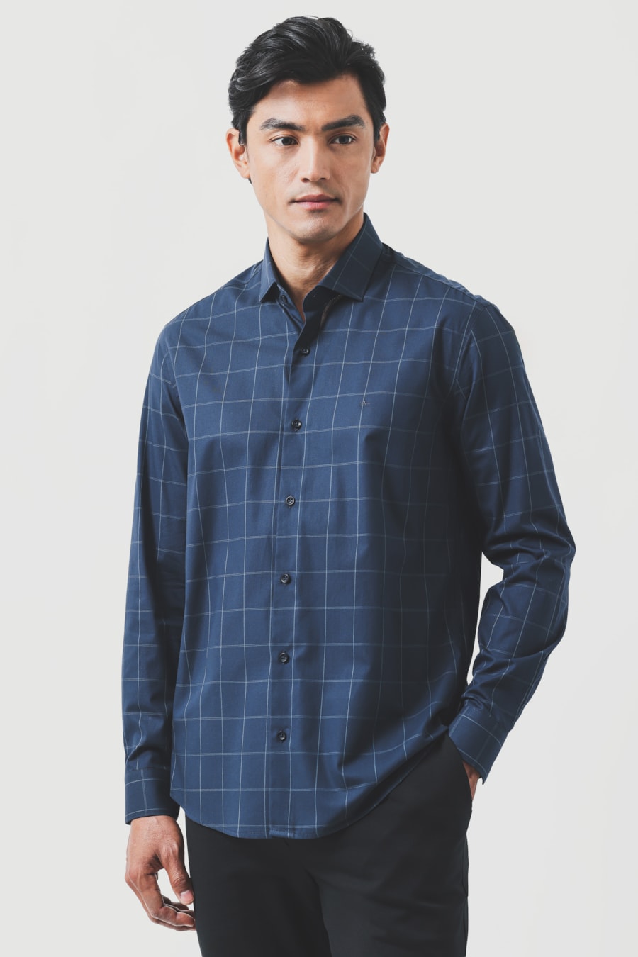 Camisa Manga Longa Regular Xadrez Marinho C/ Azul Médio — foto 1 de 6