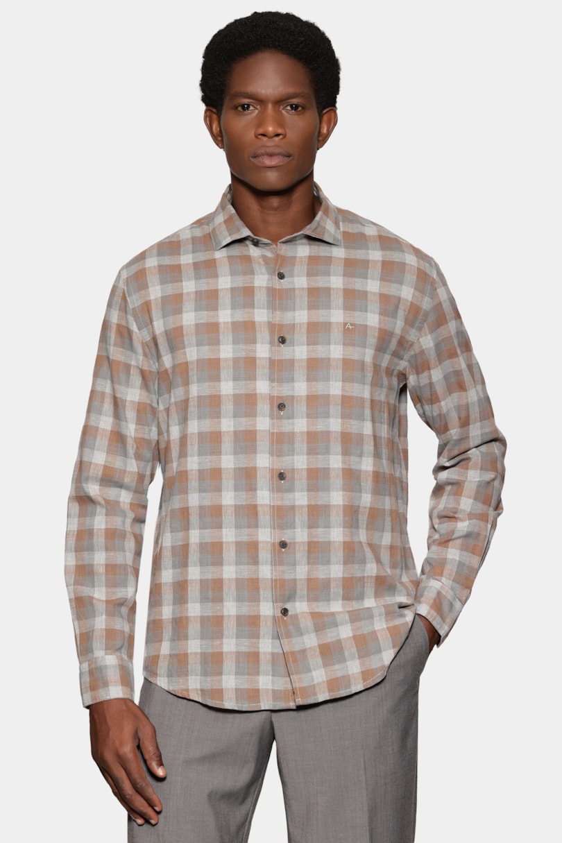 Camisa Manga Longa Regular Xadrez Melange Flamê Cinza C/ Caqui