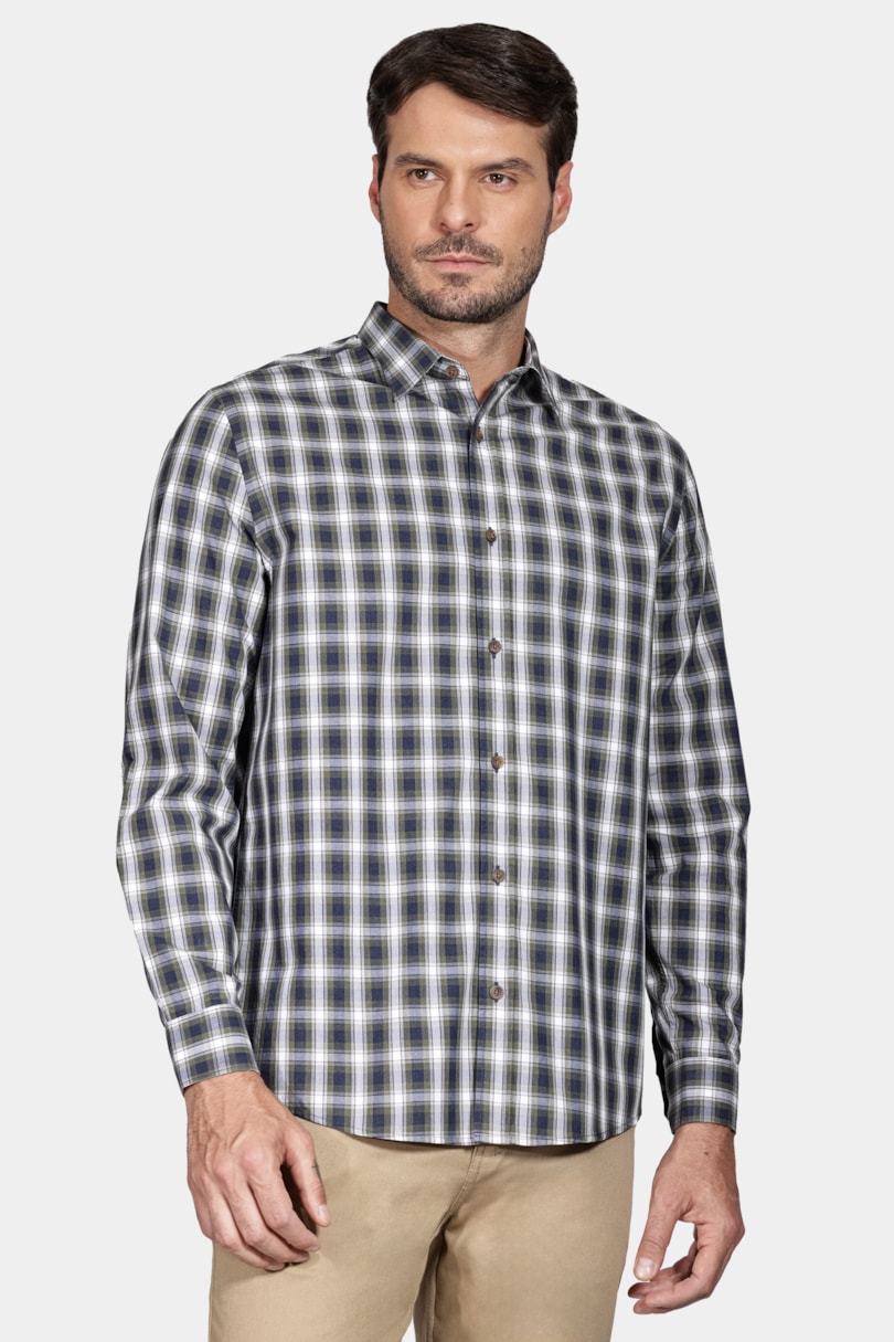 Camisa Manga Longa Regular Xadrez Mescla Azul Com Verde
