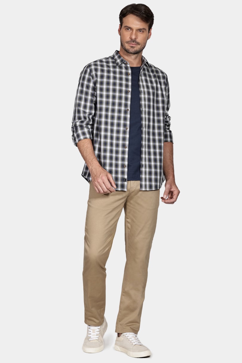 Camisa Manga Longa Regular Xadrez Mescla Azul Com Verde