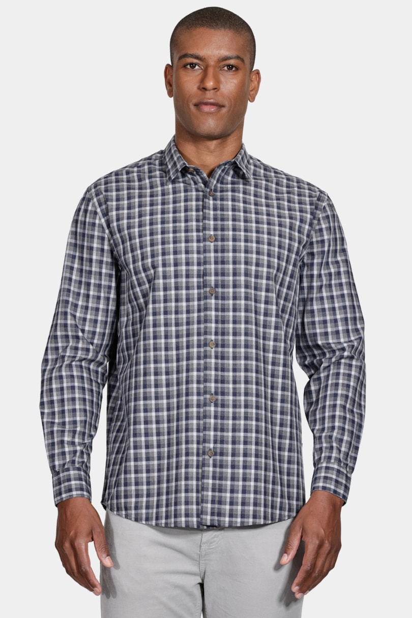 Camisa Manga Longa Regular Xadrez Mescla Cinza/Azul Jeans