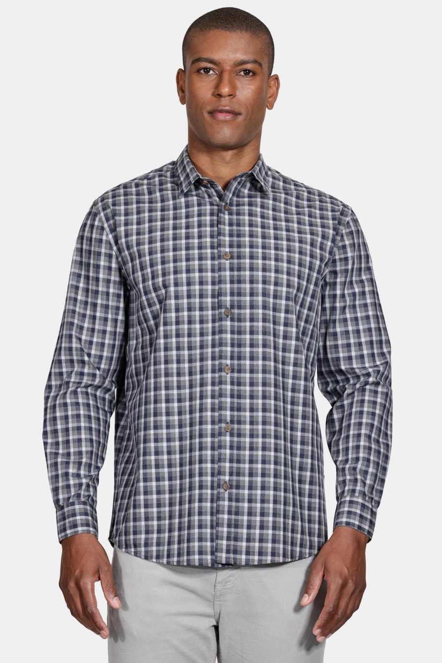 Camisa Manga Longa Regular Xadrez Mescla Cinza/Azul Jeans — foto 1 de 5