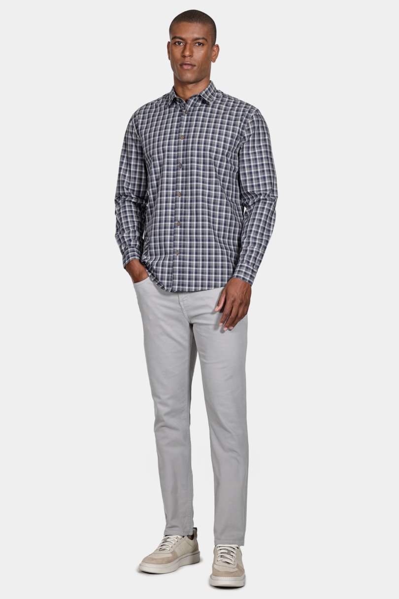 Camisa Manga Longa Regular Xadrez Mescla Cinza/Azul Jeans
