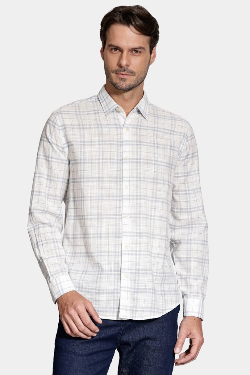 Camisa Manga Longa Regular Xadrez Rústica Branco C/Cinza