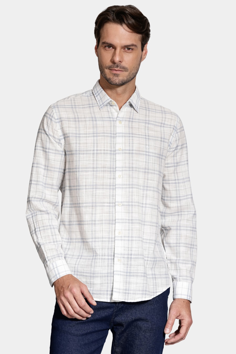 Camisa Manga Longa Regular Xadrez Rústica Branco C/Cinza — foto 1 de 6