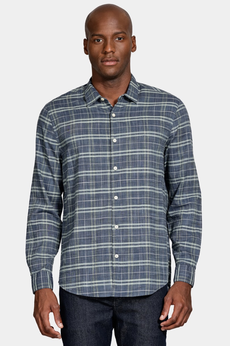 Camisa Manga Longa Regular Xadrez Rústica Marinho C/ Verde