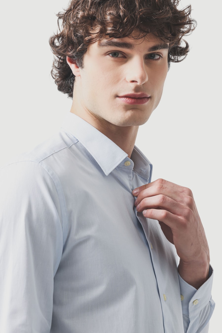 Camisa Manga Longa Slim Algodão 50 Listrada Branco C/Azul Claro — foto 3 de 6