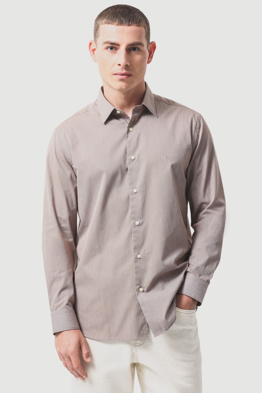 Camisa Manga Longa Slim Algodão 50 Listrada Castor C/ Branco — foto 1 de 6