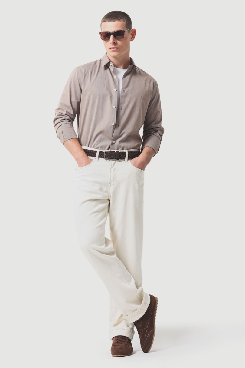 Camisa Manga Longa Slim Algodão 50 Listrada Castor C/ Branco