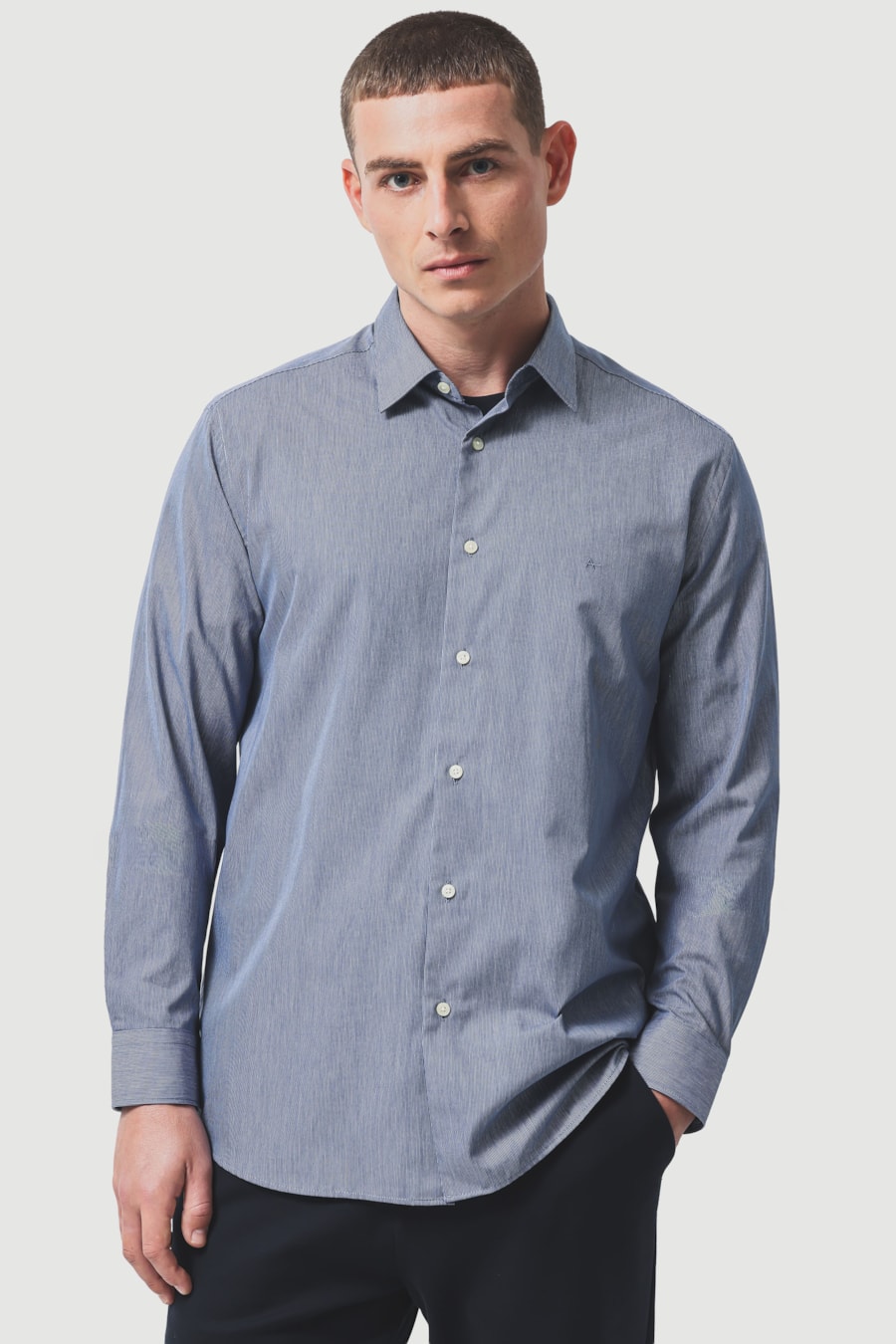 Camisa Manga Longa Slim Algodão 50 Listrada Marinho/Branco — foto 1 de 7