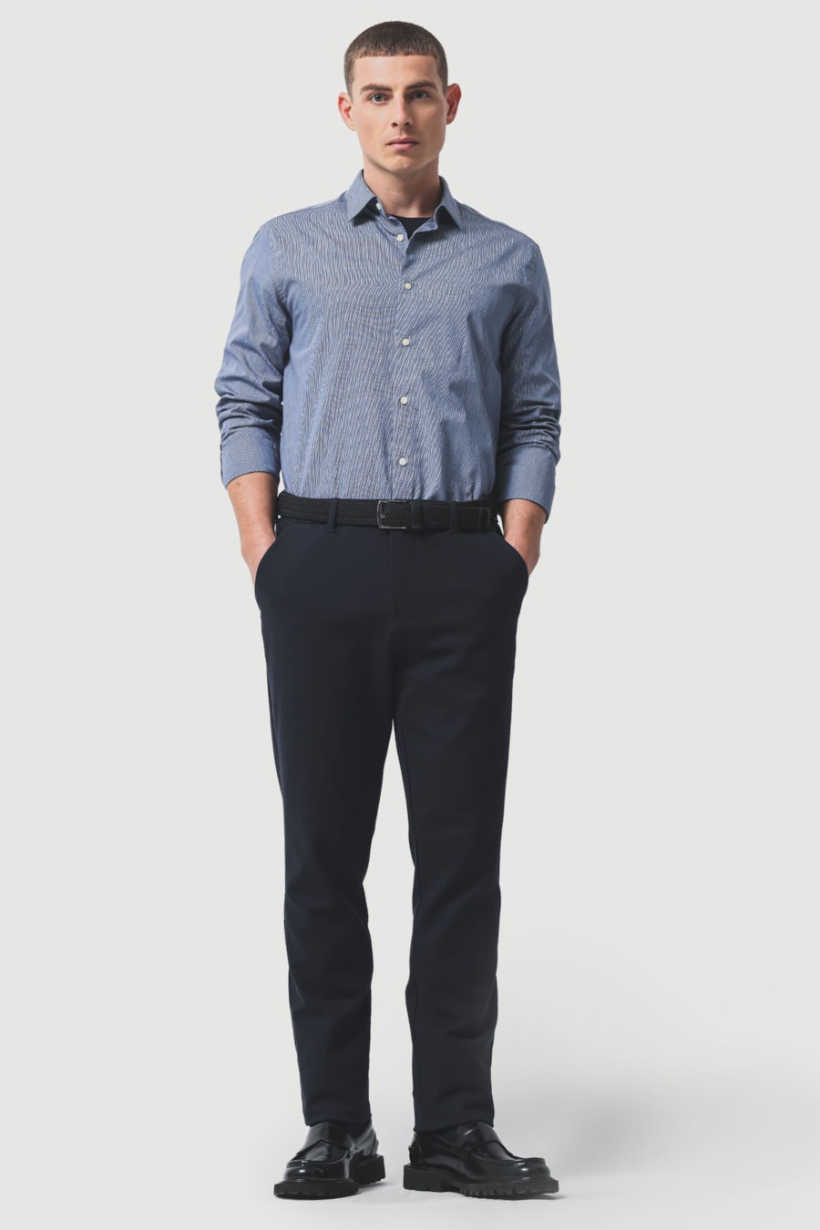 Camisa Manga Longa Slim Algodão 50 Listrada Marinho/Branco — foto 2 de 7
