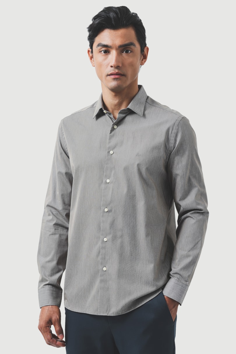 Camisa Manga Longa Slim Algodão 50 Listrada Verde Escuro C/ Branco