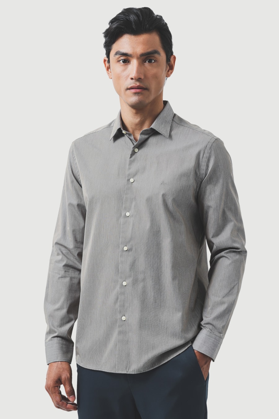 Camisa Manga Longa Slim Algodão 50 Listrada Verde Escuro C/ Branco — foto 1 de 6