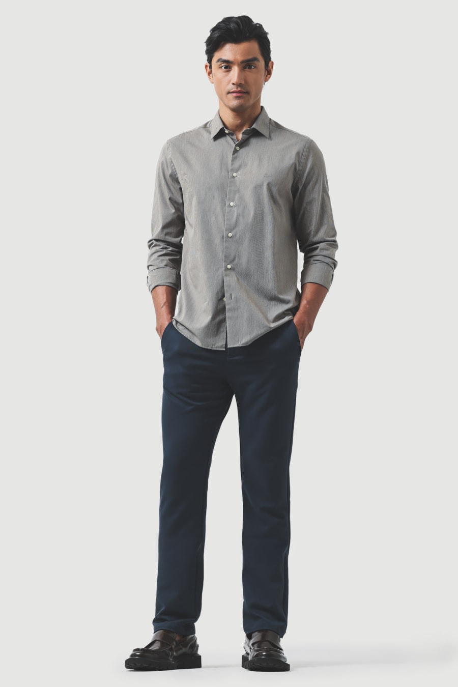 Camisa Manga Longa Slim Algodão 50 Listrada Verde Escuro C/ Branco — foto 2 de 6