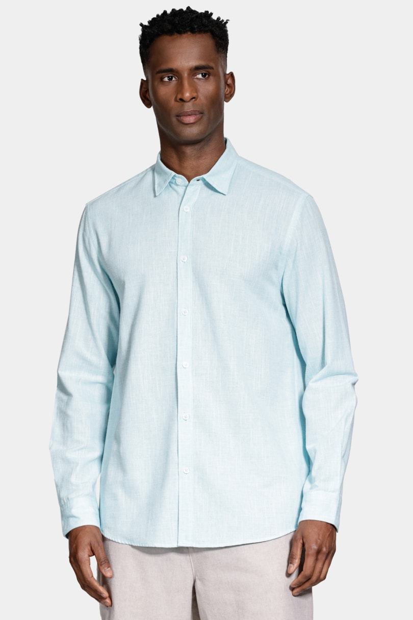Camisa Manga Longa Slim Algodão Com Bordado Azul Claro