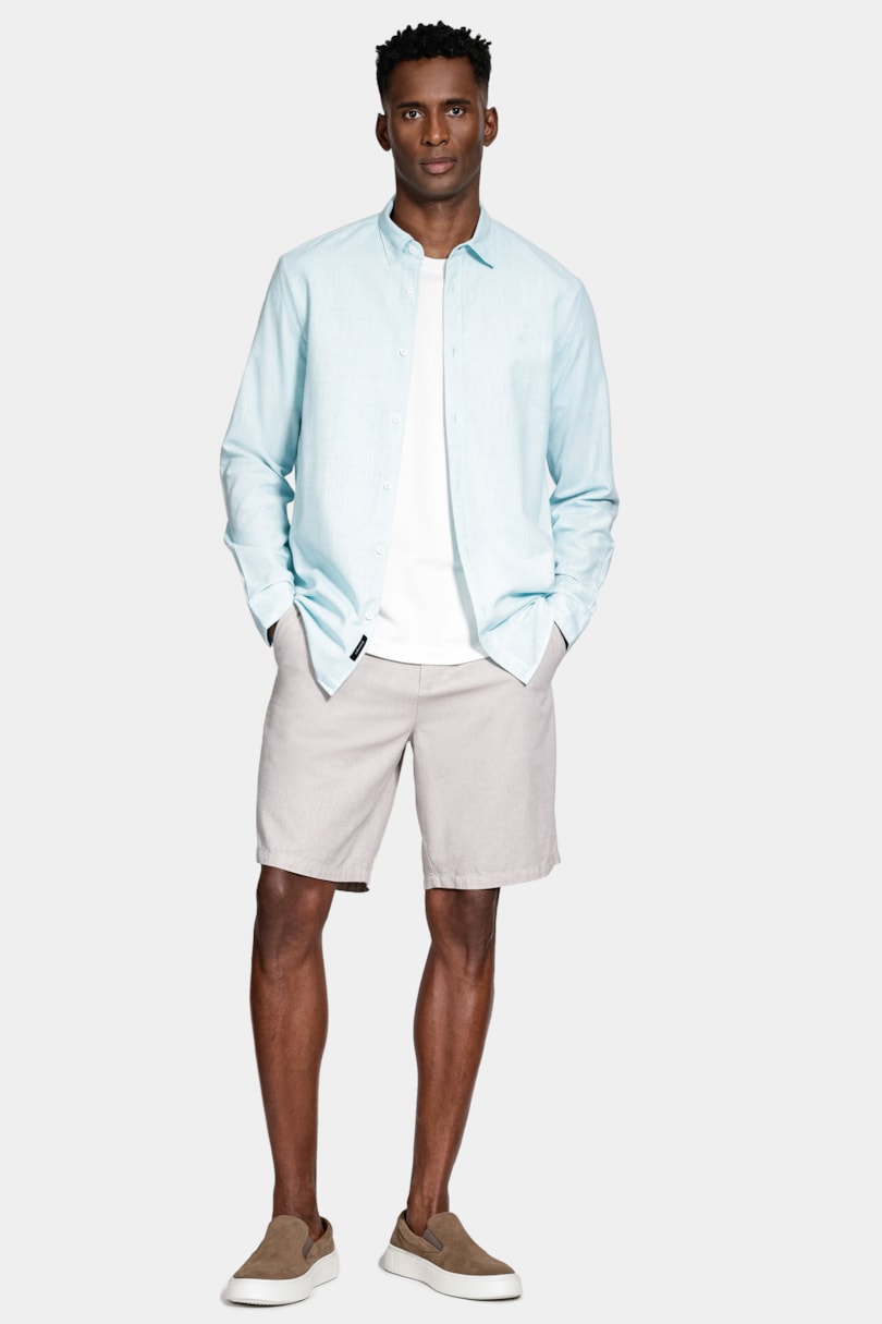 Camisa Manga Longa Slim Algodão Com Bordado Azul Claro