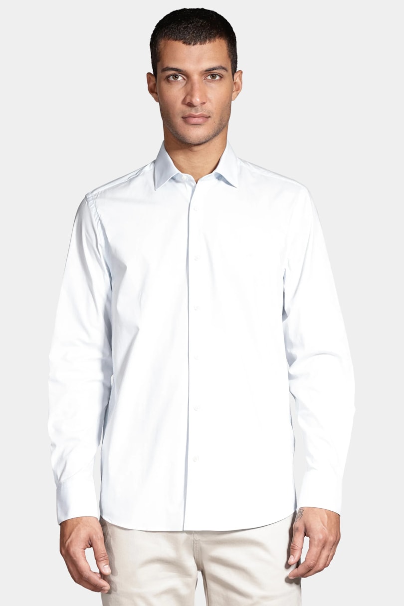 Camisa Manga Longa Slim Algodão Com Elastano Azul Claro