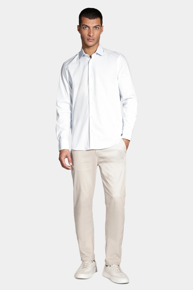 Camisa Manga Longa Slim Algodão Com Elastano Azul Claro