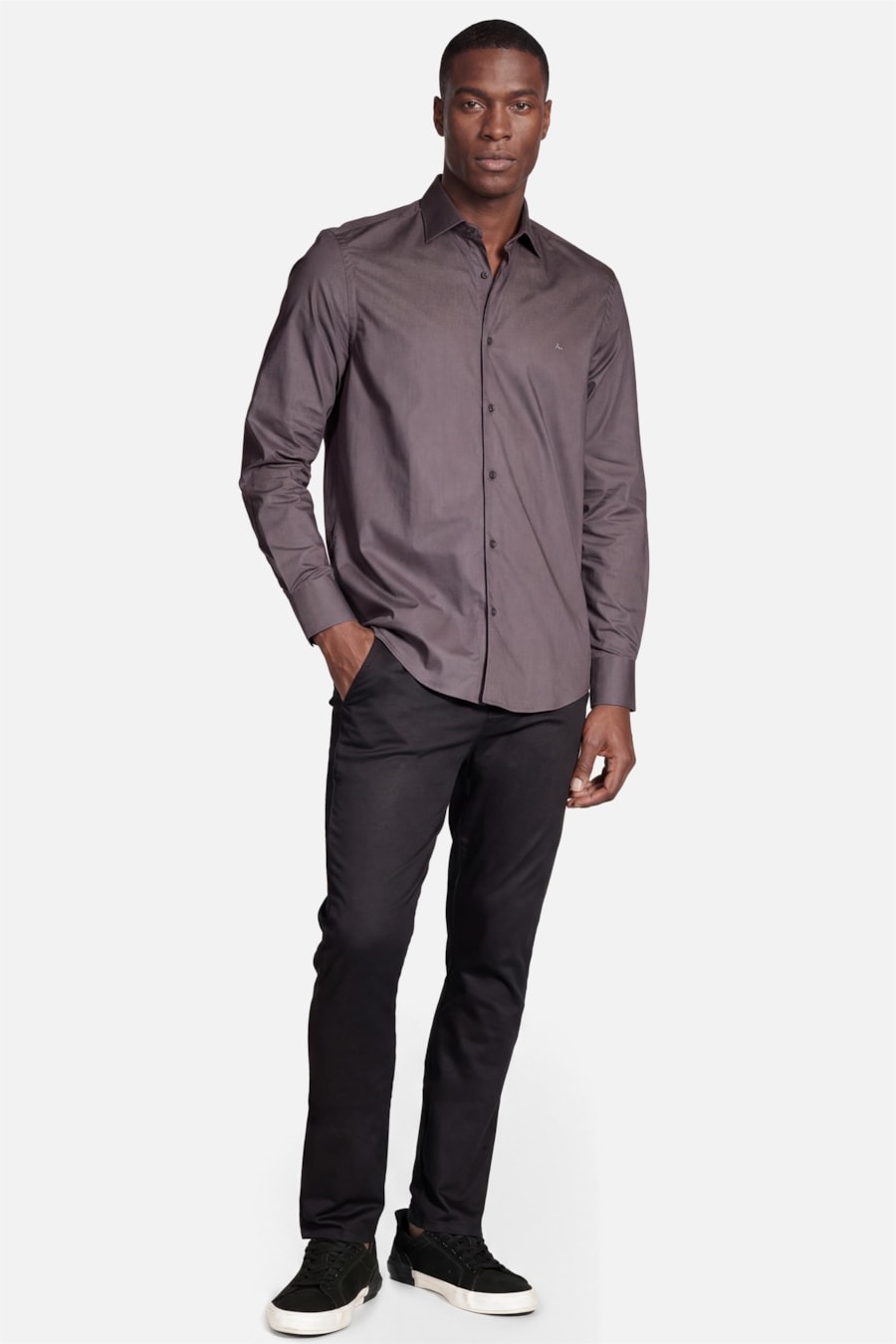 Camisa Manga Longa Slim Algodão Com Elastano Chumbo — foto 2 de 5